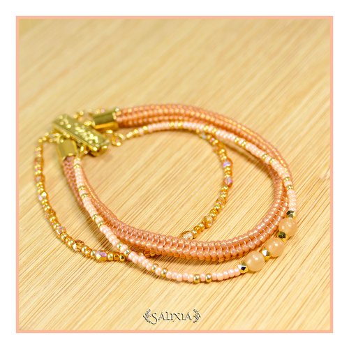 Bracelet tissé à l'aiguille en carré perles verre japonaises pierres fines aventurine fermoir à clipser doré à l'or fin (#bc253)