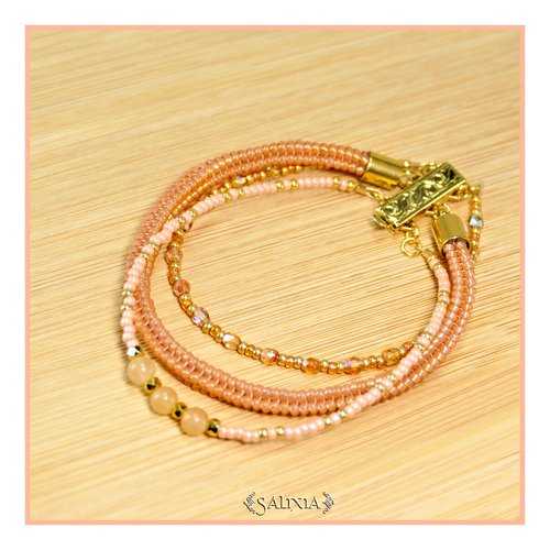 Bracelet tissé à l'aiguille en carré perles verre japonaises pierres fines aventurine fermoir à clipser doré à l'or fin (#bc253)