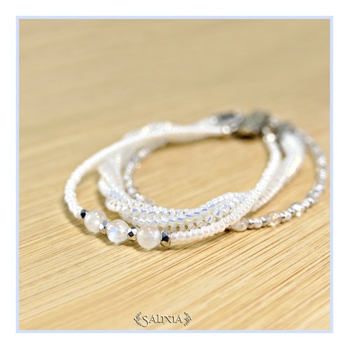 Bracelet tissé à l'aiguille en carré perles verre japonaises pierres fines pierre de lune fermoir à clipser laiton rhodié (#bc372)