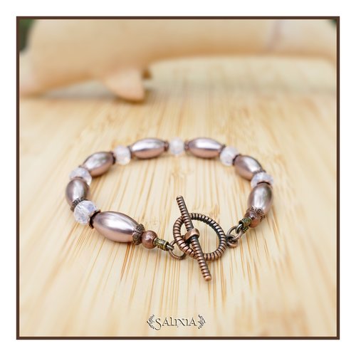 Bracelet "léonora" perles chocolat nacré perles rose opale au choix fermoir toggle ou mousqueton (#bc233 p215)