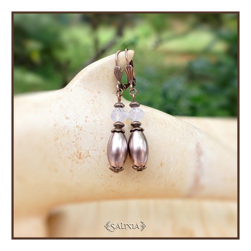 Boucles d'oreilles "léonora" perles chocolat nacré perles rose opale dormeuses ou crochets en cuivre au choix (#bo672 p215)