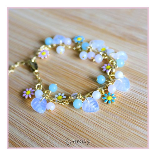 Bracelet floral perles de jade petites feuilles blanc opale chaine et mousqueton acier inoxydable doré (#bc309)