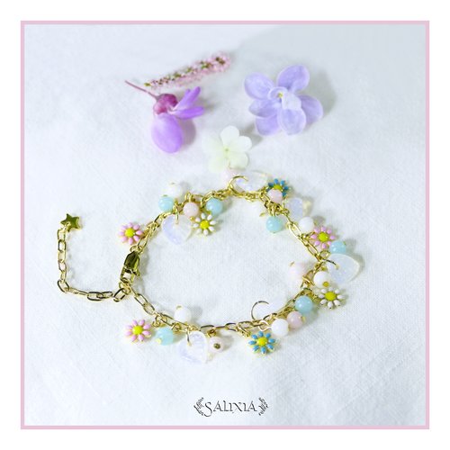 Bracelet floral perles de jade petites feuilles blanc opale chaine et mousqueton acier inoxydable doré (#bc309)