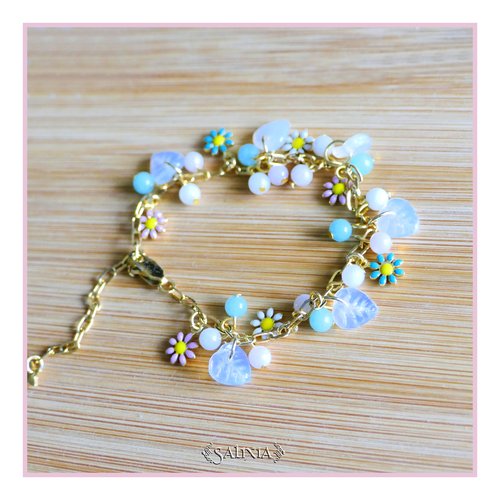 Bracelet floral perles de jade petites feuilles blanc opale chaine et mousqueton acier inoxydable doré (#bc309)