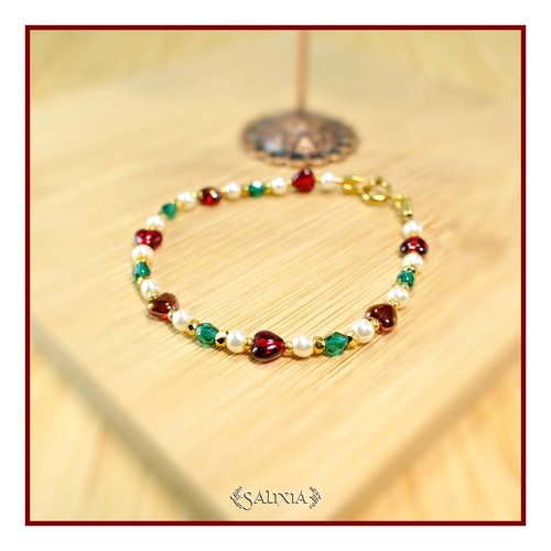 Bracelet "giovanna" perles de bohème petits coeurs rubis perles plaqué or 24 carats (#bc385 p251)