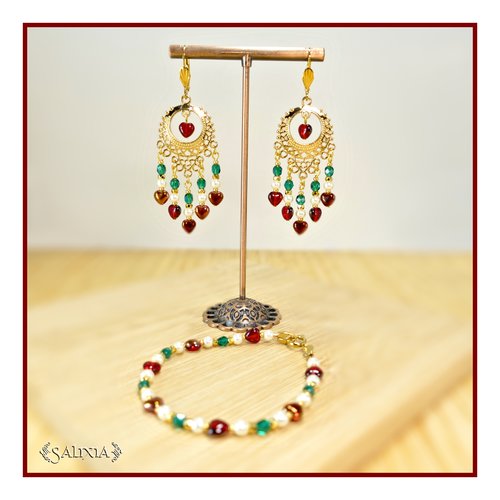 Boucles d'oreilles "giovanna" perles de bohème petits coeurs rubis perles plaqué or 24 carats dormeuses ou crochets au choix (#bo853 p251)