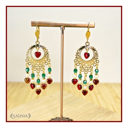 Boucles d'oreilles "giovanna" perles de bohème petits coeurs rubis perles plaqué or 24 carats dormeuses ou crochets au choix (#bo853 p251)