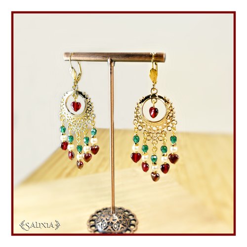 Boucles d'oreilles "giovanna" perles de bohème petits coeurs rubis perles plaqué or 24 carats dormeuses ou crochets au choix (#bo853 p251)