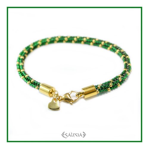 Bracelet tissé à l'aiguille en carré avec des perles en verre japonaises vert émeraude mousqueton acier inoxydable doré (#bc373)