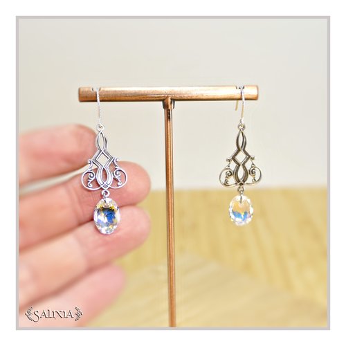 Pièce rare - boucles d'oreilles art déco cristal aurore boréale laiton plaqué argent sterling crochets argent (#b849)