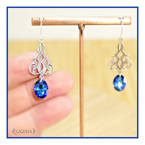 Pièce rare - boucles d'oreilles art déco cristal bleu laiton plaqué argent sterling haute qualité crochets torsadés argent 925 (#bo850)