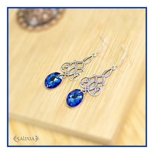 Pièce rare-boucles d'oreilles art déco cristal bleu laiton plaqué argent sterling haute qualité crochets torsadés argent (#bo850)