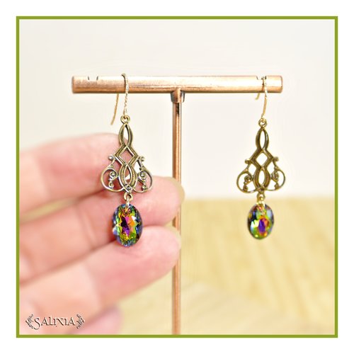 Pièce rare - boucles d'oreilles art déco cristal aux nombreux reflets laiton doré haute qualité crochets gold-filled (#b851)