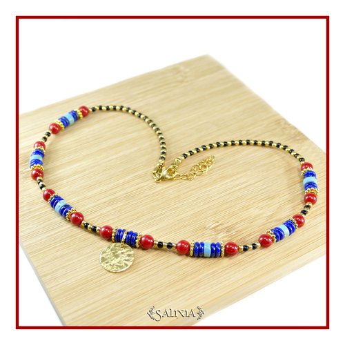 Collier "shania" lapis lazuli corail rouge perles heishi dorées mousqueton acier inoxydable doré (#c305 p256)