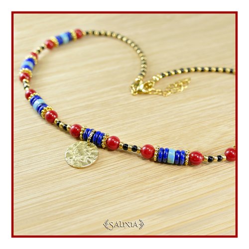 Collier "shania" lapis lazuli corail rouge perles heishi dorées mousqueton acier inoxydable doré (#c305 p256)