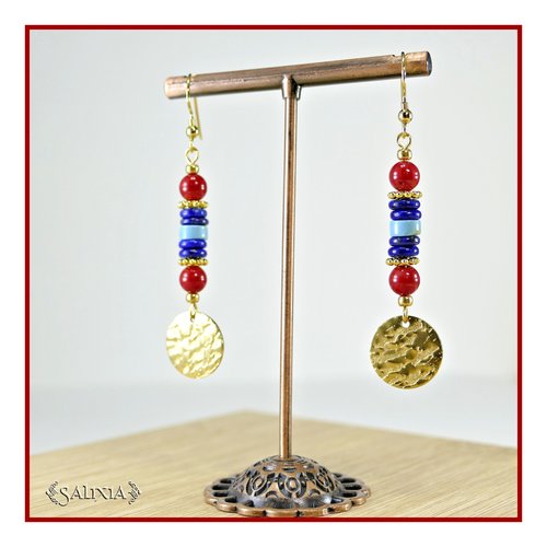 Boucles d'oreilles "shania" lapis lazuli corail rouge perles heishi dorées crochets acier inoxydable doré (#bo856 p256)