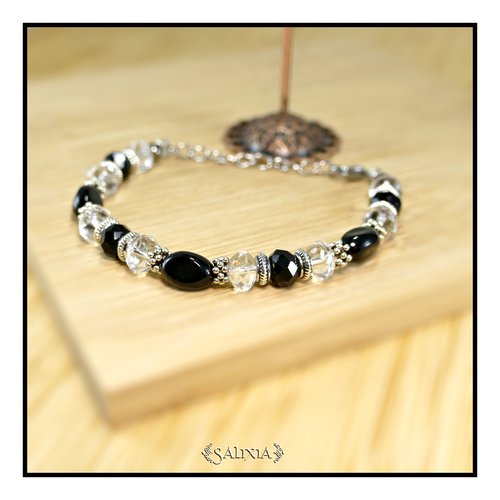 Bracelet "amaya" perles de bohème donuts noirs et transparents mousqueton et chainette d'extension acier inoxydable (#bc383 p252)