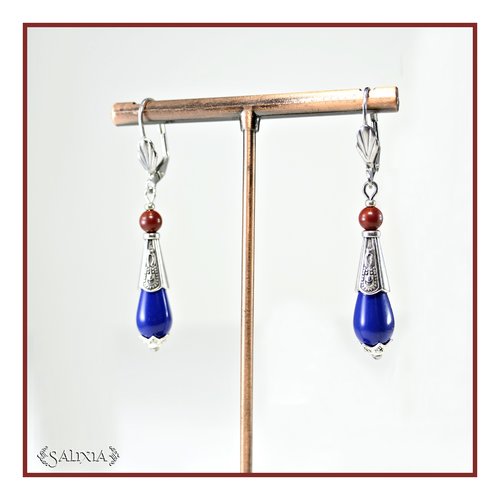 Boucles d'oreilles gouttes bleu marine cônes argent fin vieilli jaspe bréchite dormeuses ou crochets au choix (#bo855)