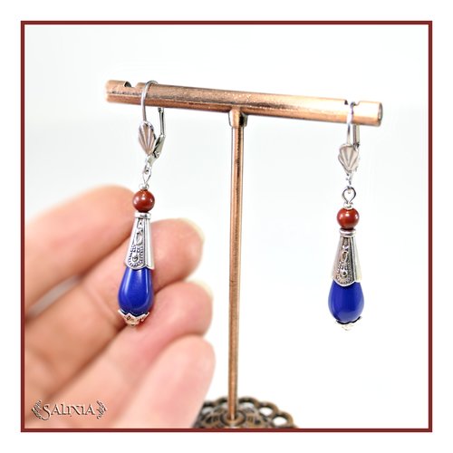 Boucles d'oreilles gouttes bleu marine cônes argent fin vieilli jaspe bréchite dormeuses ou crochets au choix (#bo855)