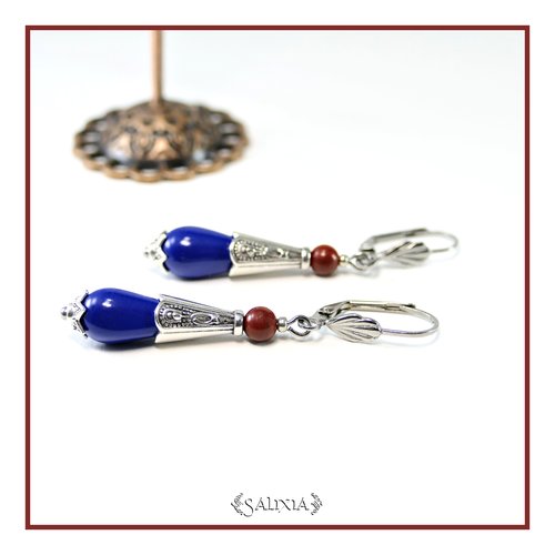Boucles d'oreilles gouttes bleu marine cônes argent fin vieilli jaspe bréchite dormeuses ou crochets au choix (#bo855)