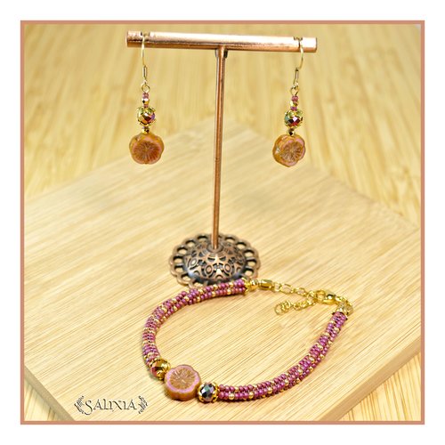 Bracelet "alora" tissé à l'aiguille en carré perles japonaises perle de bohème fleur hawaïenne (#bc384 p253)