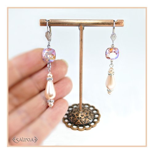 Boucles d'oreilles cristal et gouttes nacrées rose pêche dormeuses ou crochets au choix (#bo860)