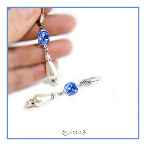 Boucles d'oreilles cristal bleu saphir clair et gouttes nacrées blanches dormeuses ou crochets au choix (#bo861)