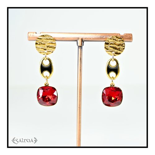 Boucles d'oreilles cristal rouge rubis laiton doré or fin 24 carats puces dormeuses ou crochets au choix (#bo862)