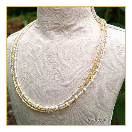 Réservé à valérie - collier 4 rangs lorenza perles plaquées or 24 carats, rocailles blanches et dorées (#c307)