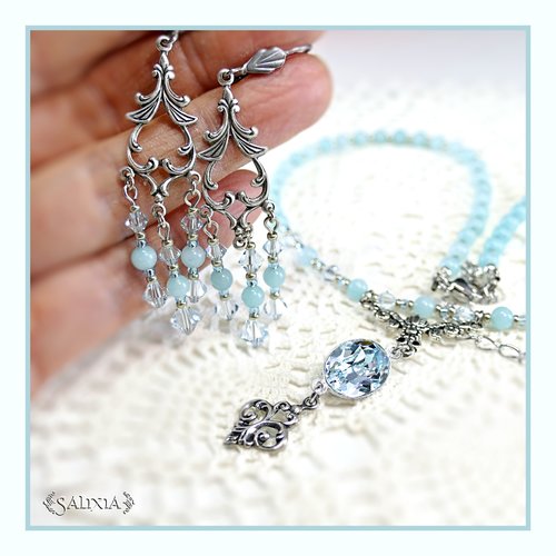 Boucles d'oreilles "oxana" cristal aigue marine agate indienne laiton plaqué argent dormeuses ou crochets au choix(#bo854p255)