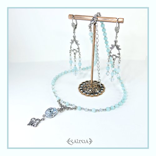 Collier "oxana" cristal aigue marine agate indienne laiton plaqué argent très haute qualité (#c304 p255)