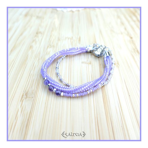 Bracelet lavande tissé à l'aiguille en carré perles verre japonaises pierres fines améthyste fermoir à clipser rhodié (#bc374)