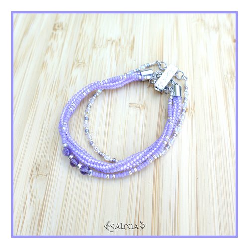 Bracelet lavande tissé à l'aiguille en carré perles verre japonaises pierres fines améthyste fermoir à clipser rhodié (#bc374)