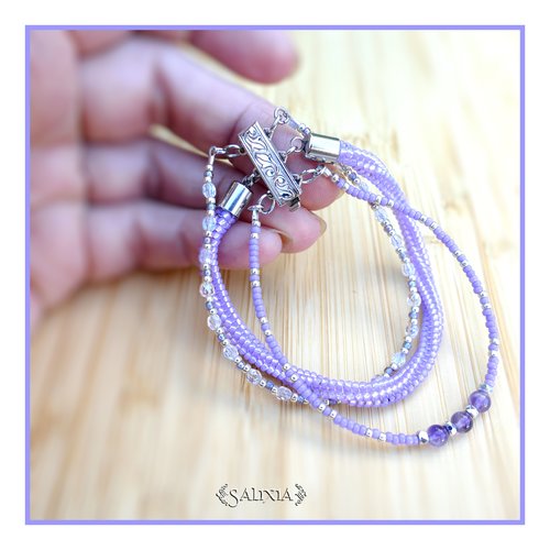Bracelet lavande tissé à l'aiguille en carré perles verre japonaises pierres fines améthyste fermoir à clipser rhodié (#bc374)