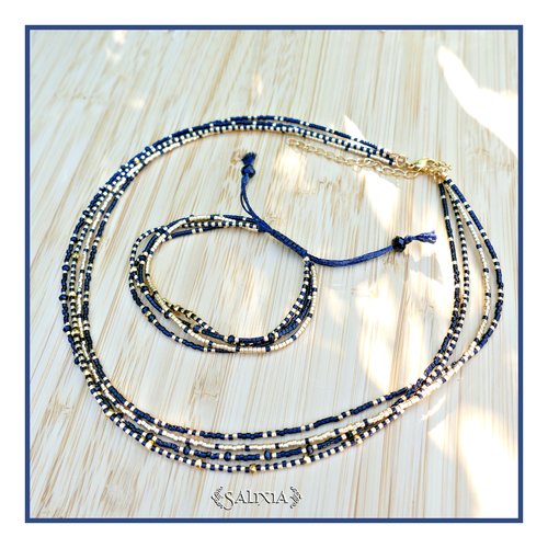 Collier 4 rangs "lorenza" perles plaquées or 24 carats rocailles japonaises noires et dorées (#c308)