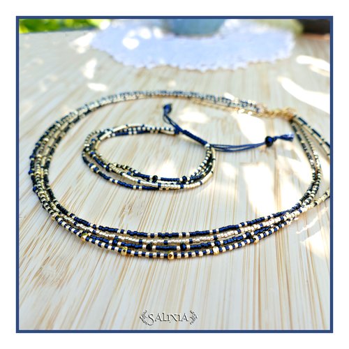 Collier 4 rangs "lorenza" perles plaquées or 24 carats rocailles japonaises noires et dorées (#c308)