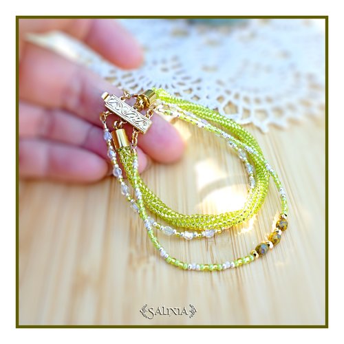 Bracelet tissé à l'aiguille en carré perles verre japonaises chartreuse perles de bohème fermoir à clipser doré or fin (#bc375)