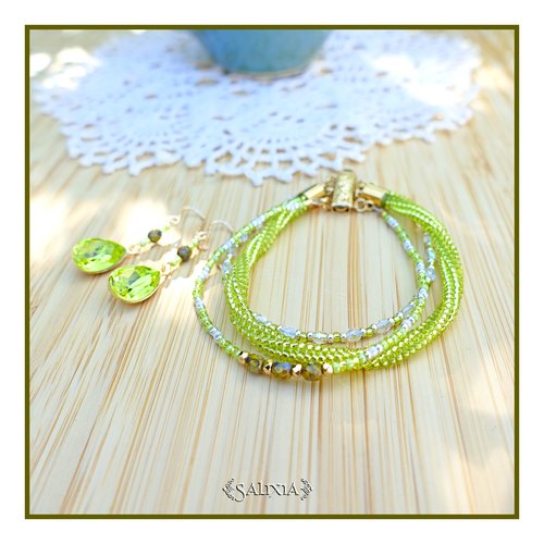 Bracelet tissé à l'aiguille en carré perles verre japonaises chartreuse perles de bohème fermoir à clipser doré or fin (#bc375)
