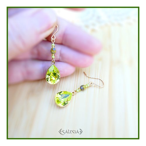 Boucles d'oreilles cristal vert chartreuse perles de bohème marbrées crochets gold filled (#bo863)