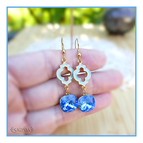 Boucles d'oreilles cristal bleu saphir clair laiton doré or fin 24 carats crochets acier inoxydable doré (#bo864)