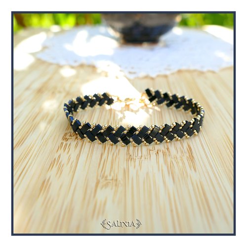 Bracelet tissé perles tila 2 rangs bi nuances noir mat et brillant (#bc386)