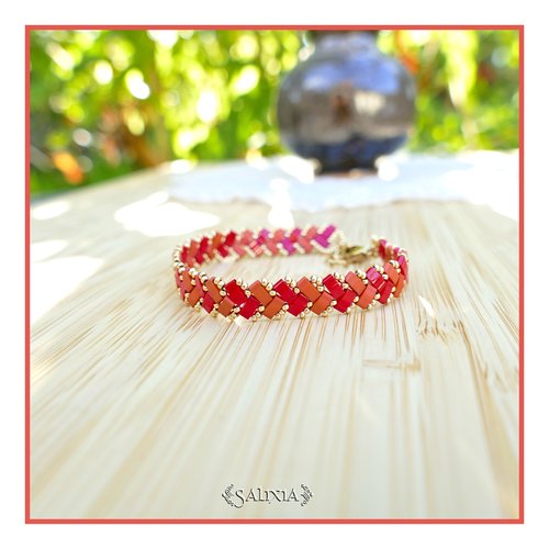Bracelet tissé perles tila 2 rangs bi nuances rouge mat et brillant (#bc387)