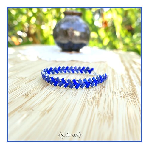 Bracelet tissé perles tila 2 rangs bi nuances bleu mat et brillant (#bc388)