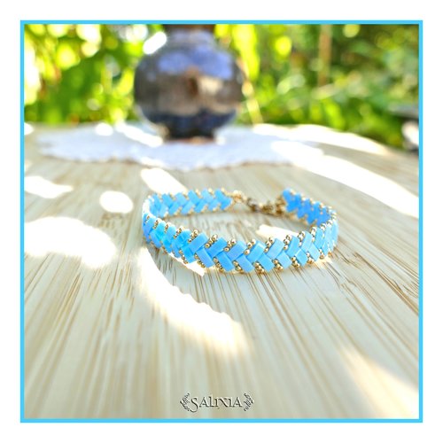 Bracelet tissé perles tila 2 rangs bi nuances turquoise mat et brillant (#bc389)