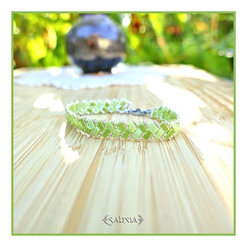 Bracelet tissé perles tila 2 rangs bi nuances vert chartreuse mat et brillant (#bc390)