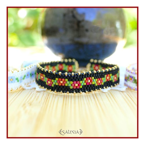 Bracelet frise coquelicot tissage perles de rocaille japonaises chainette et mousqueton acier inoxydable doré (#bc393)
