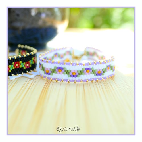 Bracelet frise pensées tissage perles de rocaille japonaises chainette et mousqueton acier inoxydable doré (#bc394)