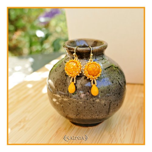 Pièce unique - boucles d'oreilles agate de feu sertissage rocailles japonaises gouttes de bohème aspect céramique (#bo868)