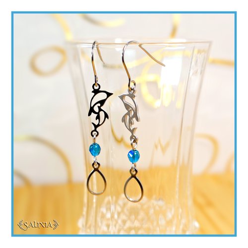 Boucles d'oreilles dauphins perles de bohème bleues ab crochets acier inoxydable (#bo747)