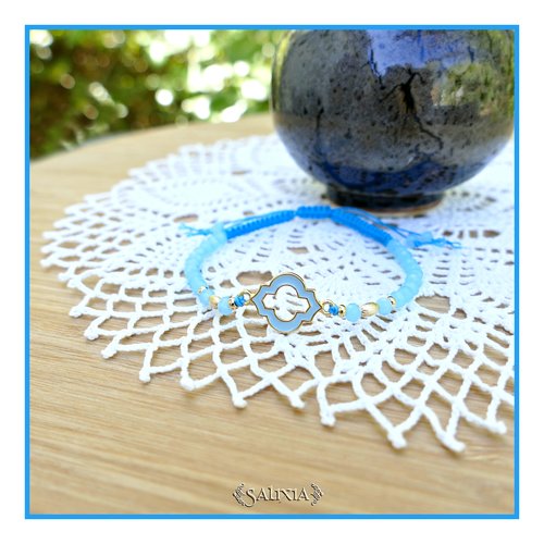 Bracelet perles bleu opale connecteur et perles doré à l'or fin fermoir lien coulissant macramé (#bc341)
